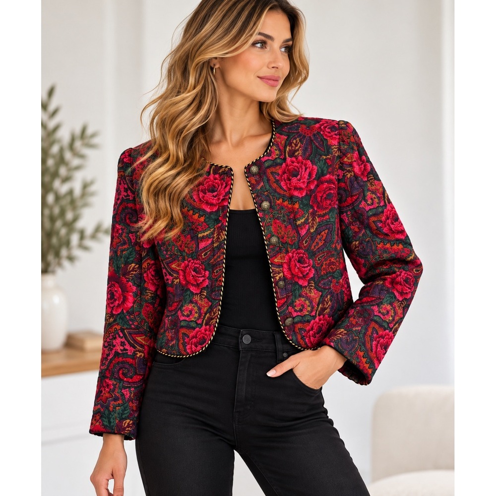 Vintage Jeffrey & Dara Jacket Women 12 Floral Paisley Cropped Quilted Made USA